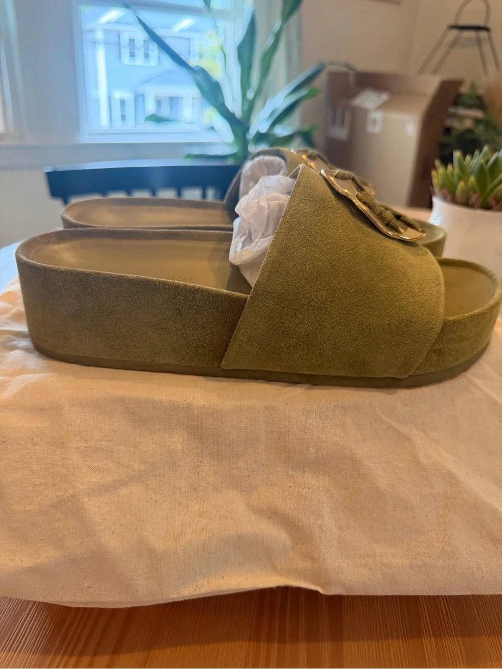 Tory Burch Olive Suede Slide Mules with Gold Logo Disk